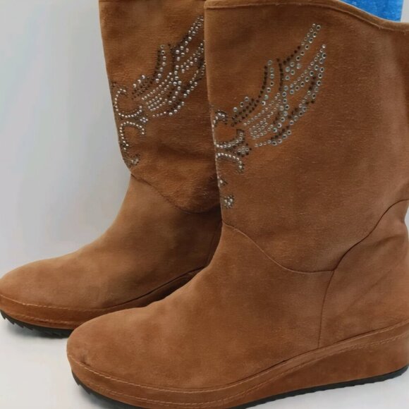 Reba Studded Angel Wings Western Country brown leather suede wedge boots 9 - Picture 2 of 6